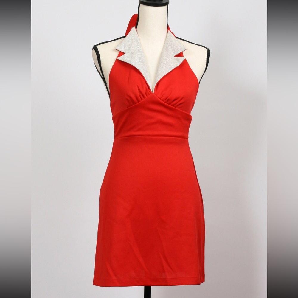 1970s Red Halter Dress with Silver Collar